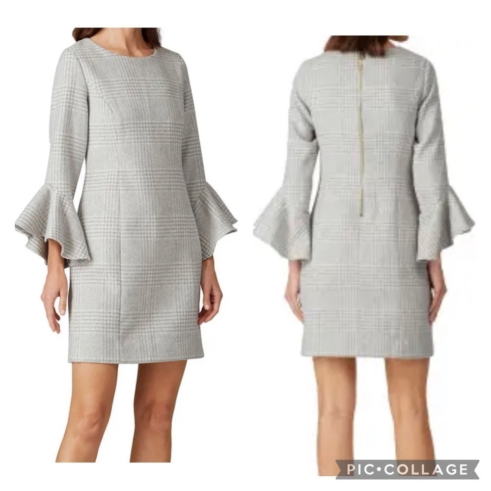 SAIL TO SABLE Women’s Gray Ivory Plaid Bell Sleeve Wool Blend Dress Lined Sz 14